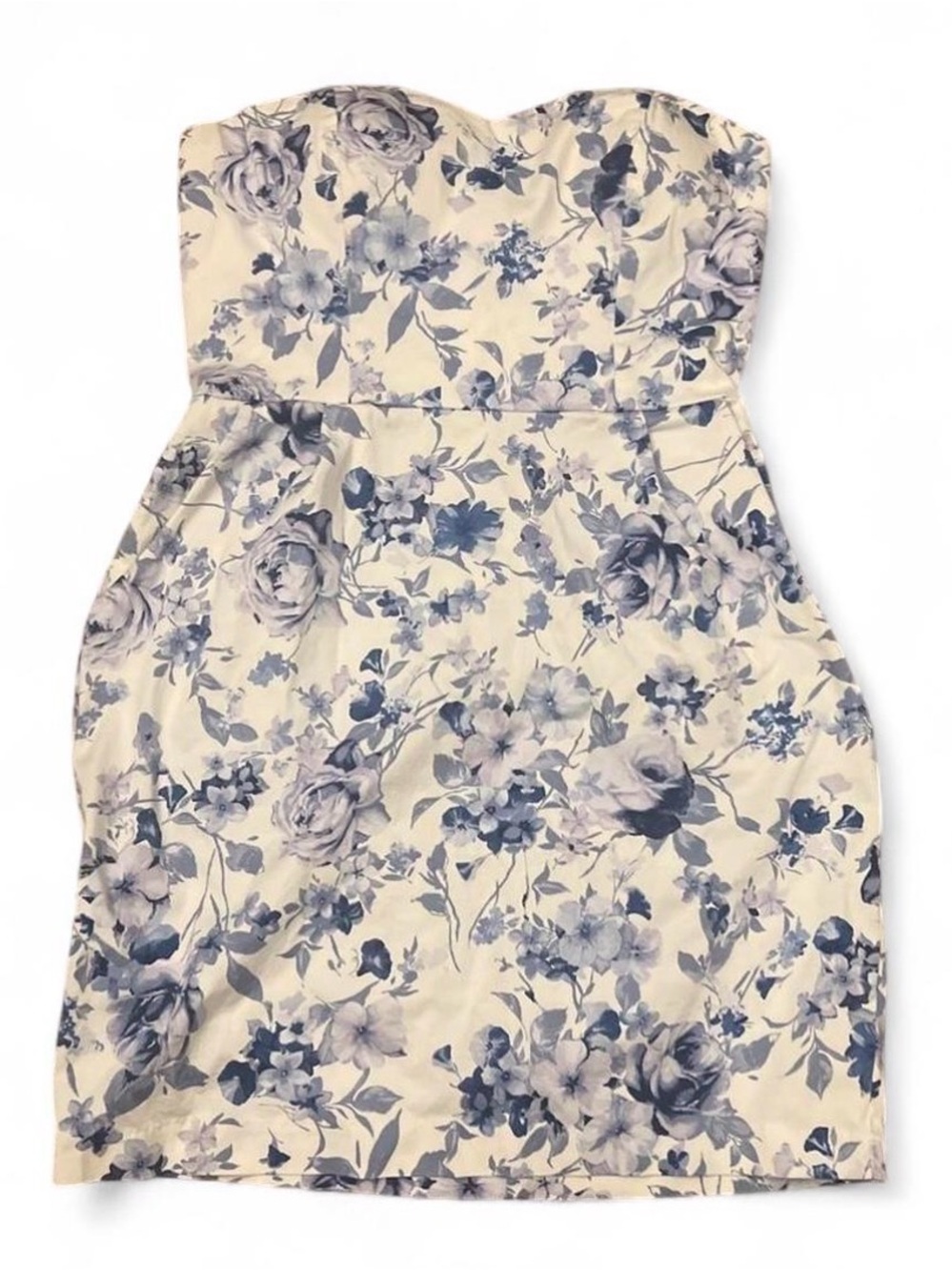 Mystic Strapless White and Blue Floral Bodycon Dress Women’s Size S Built in Bra